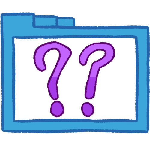 A hollow blue folder with thick lineart containing two purple question marks.